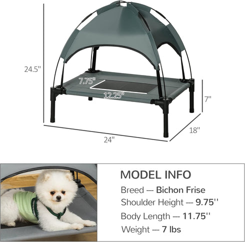 PawHut 24" Elevated Dog Bed with Removable Canopy, Outdoor Cot with UV Protection Shade for Camping, Gray