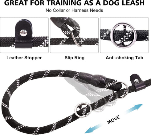 Slip Leads Dog Leash, 4/5/6 FT with Comfortable Handle, Heavy Duty Reflective Rope Training Leash (1/2''- 4FT, Black)