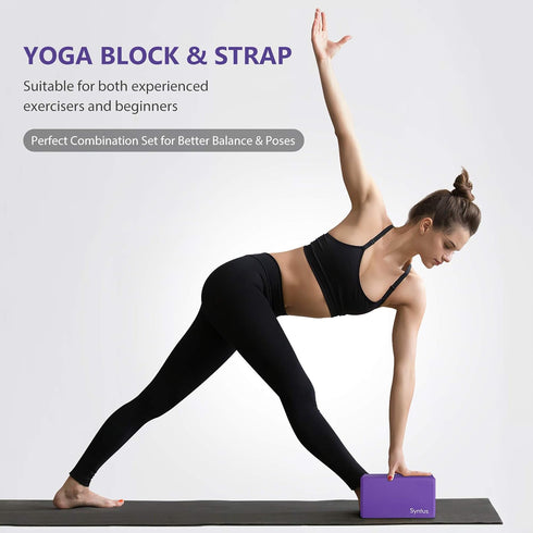 Syntus Yoga Block and Yoga Strap Set, 2 Soft Non-Slip Yoga Blocks 9×6×4 inches, 8FT Metal D-Ring Strap for Fitness