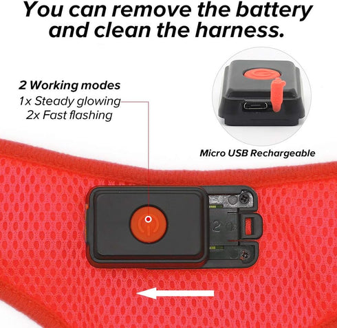 Light Up Dog Harness - Rechargeable LED Vest, No-Pull Glowing Safety Pet Harness for Night Walking & Camping (Red,