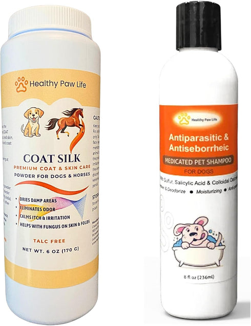 Bundle of Coat Silk Dog Dry Powder (6 oz) to Alleviate Odors and Itchiness & Antiparasitic Dog Shampoo (8 oz)