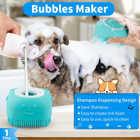 3PCS Dog Bath Brush, Shampoo Brush with Adjustable Ring Handle for Short and Long Haired Dogs and Cats (Blue)