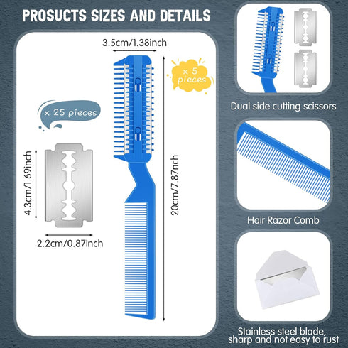 5 Pieces Razor Comb for Dogs Hair Grooming Trimmer Comb for Pet Razor Comb with 25 Extra Blades Manual Dog Hair Trimmer Comb Double Edge Razor for Dogs (Blue)