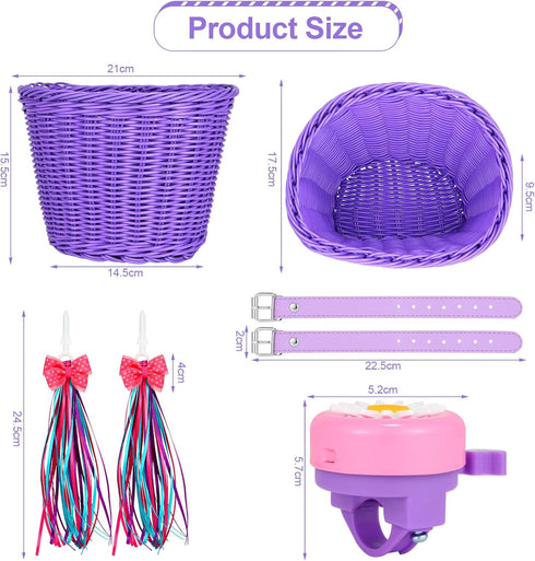 Kids Bike Basket Set - Handwoven Bike Baskets for Children with Spare Leather Straps and Bell, Easy Install