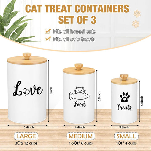 Reallnaive Set 3 Counter(White) Metal Airtight Cat Treat Container of with Bamboo Lids and Spoon Cat Food Storage