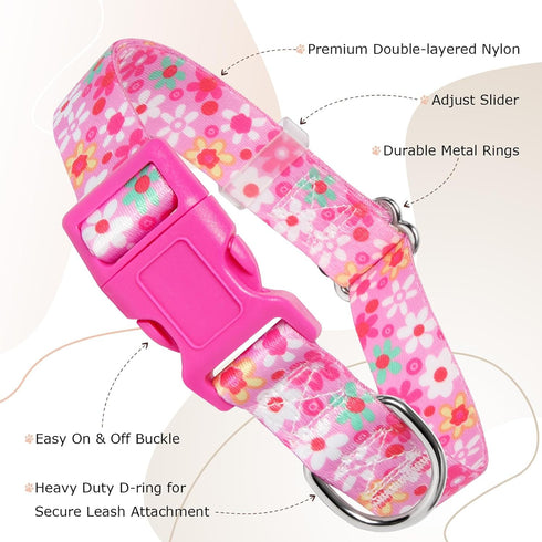 Adjustable Pink Dog Collar for Girl Dogs, Cute Flower Design, Soft Nylon for Small Medium Large XL Dogs (Floral S)