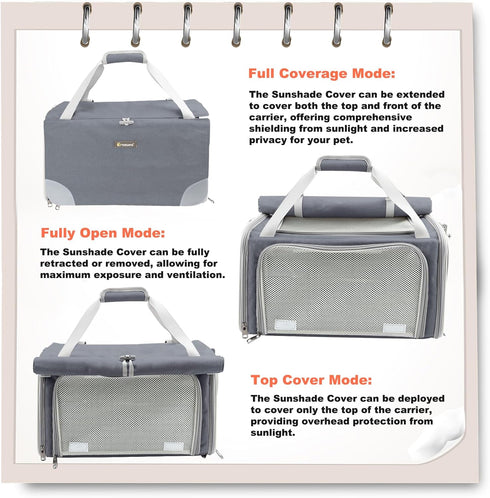 Texsens Pet Carrier - Soft-Sided Cat Carrier for Small/Medium/Large Cats & Puppies Up to 16 lbs, TSA Approved (Grey)