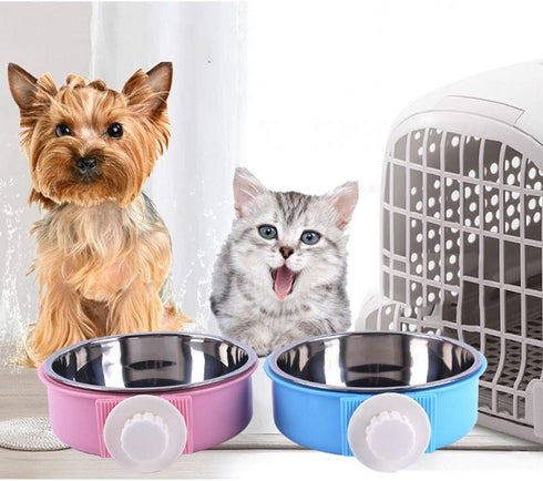 RUBYHOME 2-in-1 Dog Bowl & Feeder - Blue Plastic & Stainless Steel Hanging Food Basin for Crates & Cages