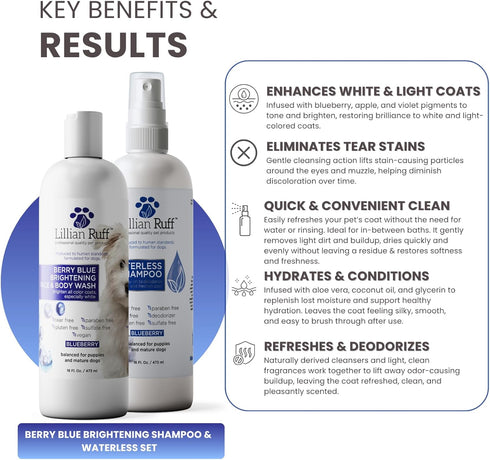Lillian Ruff PRO Formula Berry Blue Brightening Dog Shampoo + Blueberry Waterless Dog Shampoo - Professional Whitening