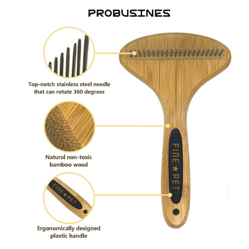 PROBUSINES Bamboo Pet Brush, Dog Dehairing Rake for Knot Detangling, Long-Haired Pet Breed Undercoat Rake for Shedding