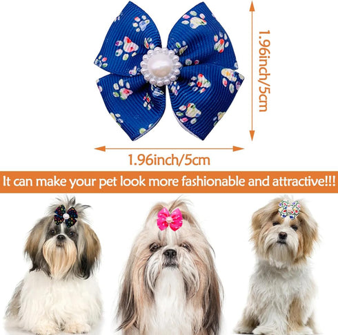 PET SHOW Bowknot Dog Hair Bows with French Barrette Clips Pet Puppies Yorkie Teddy Grooming Hair Accessories Pack of 10 (Paw Bone Printed)