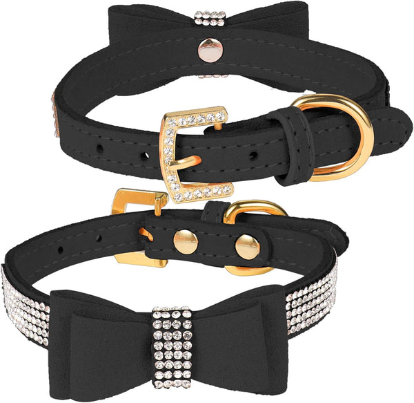 LOVPE Crystal Dog Collar - Velvet Leather with Bow-Knot Tie Rhinestone for Small Dogs & Cats (Black, S)