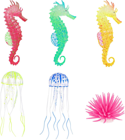 Lpraer 6 Pieces Glow Floating Jellyfish, Seahorse, Anemones Aquarium Decorations for Fish Tank