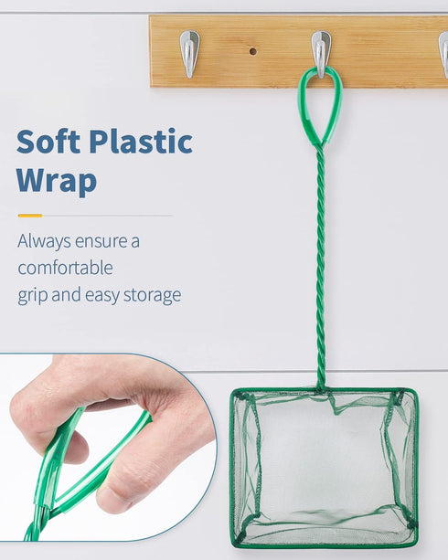 Pawfly Aquarium Fish Net with Braided Metal Handle, Square Soft Mesh Cleaning Net for Fish Tanks