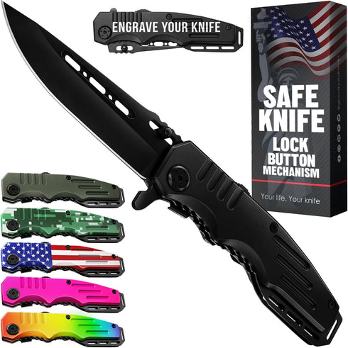 Safety Lock Pocket Knife, Spring Assisted 3.4-inch Sharp Blade, Folding Tactical Black Knife with Aluminum Handle,
