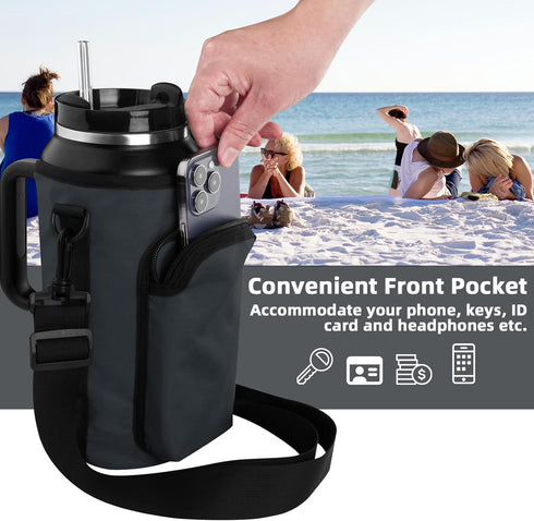 Water Bottle Carrier Bag with Phone Pocket for Stanley 30/40/64oz Tumbler, Adjustable Strap Holder Pouch