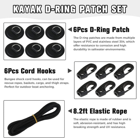 Yetaha 6 Pack Stainless Steel D Rings, PVC Patch, Bungee Cord with Hooks for Inflatable Boat
