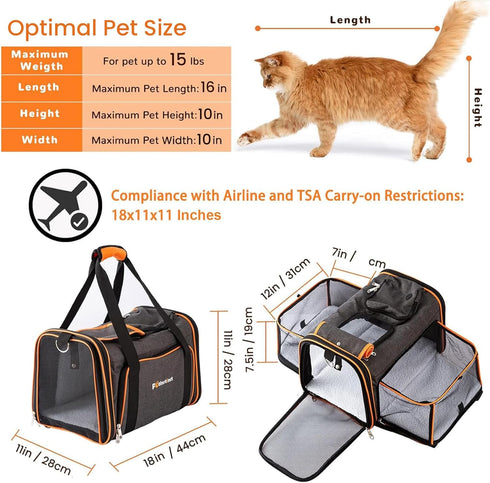 Expandable Pet Carrier, 18"x11"x11" - TSA Airline Approved Soft Sided Cat and Dog Carrier