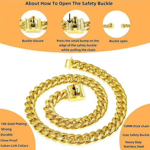 Heavy Duty Cuban Link Chain Dog Collars - 15MM Gold/Silver Stainless Steel Metal Training Collars for Large Medium