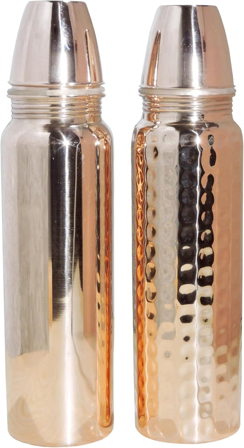 Set of Plain and Hammered Copper Water Bottles, 850 Ml (28.75 Fl Oz), Unlined, Uncoated, Lacquered-Free for Ayurveda