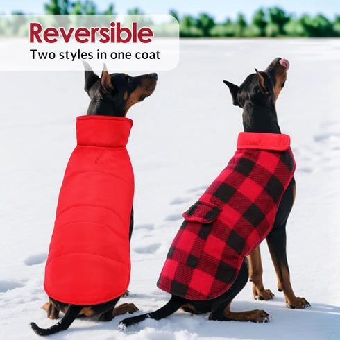 ASENKU Dog Winter Coat - Fleece Doggie Jacket Plaid Reversible Vest, Waterproof Windproof Cold Weather Clothes for