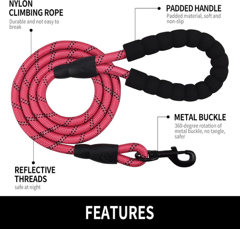 5/6 FT Strong Dog Leash for Pets, Highly Reflective Rope, Soft Padded Handle, 360-Degree Rotating Metal Buckle, 5ft