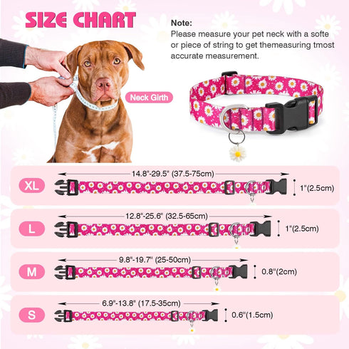 Ayaseen Dog Collar Gift for Small Medium Large Dogs, Cute Floral Pink Collar with Pendant Adjustable Soft Flower Daisies