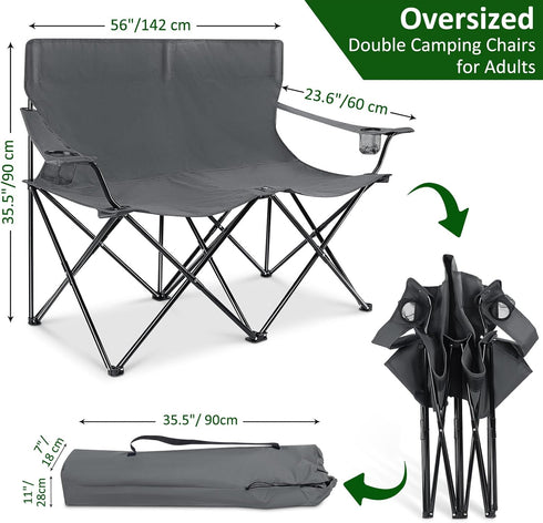 2 Leonyo Oversized Person Camping Chair, Double Camping Loveseat Chair for Adults, Foldable & Comfortable Double Seat