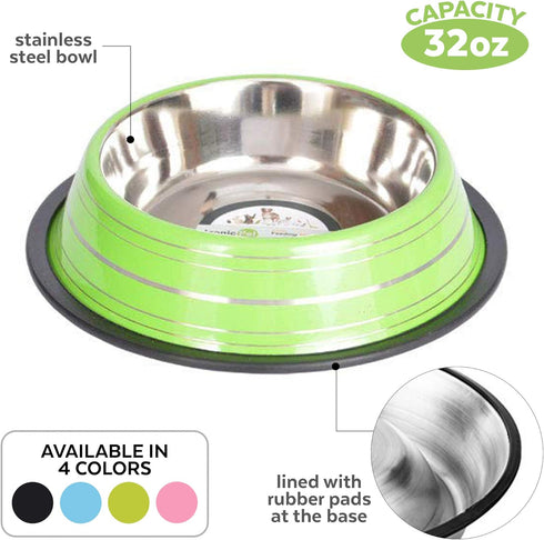 Iconic Pet Color Splash Stripe Non-Skid Pet Bowl, 32-Ounce, Green