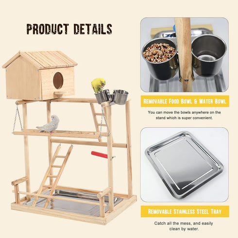 3 HiCaptain Large Bird Playground, Layers Cockatiel Playground, Pet Parrot Playstand Gym Wooden Playpen Birds Play