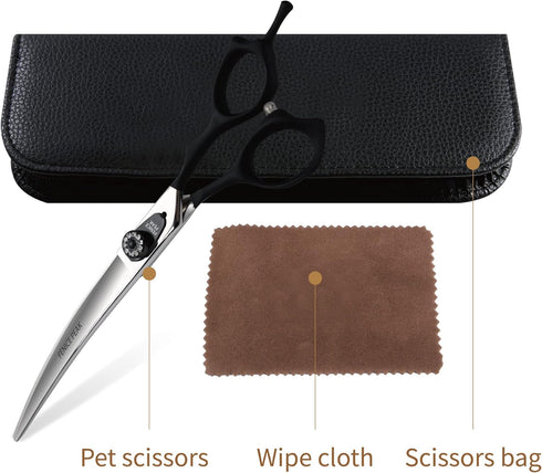 Fenice Peak 7.5'' Professional Curved Dog Grooming Scissors, Heavy Anti-Slip Black Handler, 440C Stainless Steel
