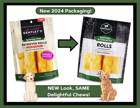 Dog Chews Bundles for Large Dogs, Dentley's 7 Inch Rawhide Free Retriever Rolls Bundle with 1 Dog Waste Roll (Chicken,
