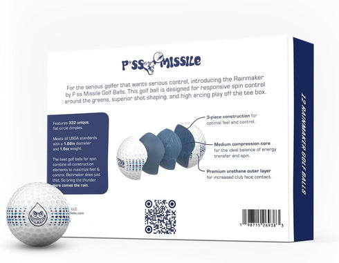 3-Piece Rainmaker Golf Balls by P*ss Missile - Performance Control, Spin, Feel - Ball with Urethane Cover, Medium