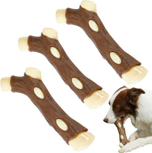 Dog Bones Chew Toys for Aggressive Chewers, 3 Pack Real Beef Flavor, Indestructible Teething Toys for All Breeds