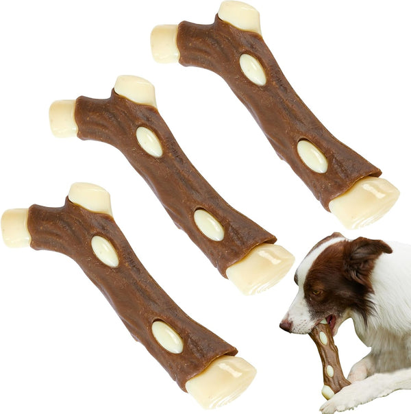 Dog Bones Chew Toys for Aggressive Chewers, 3 Pack Real Beef Flavor, Indestructible Teething Toys for All Breeds