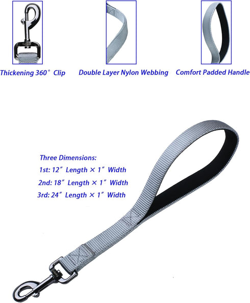 Premium 12 Inches Nylon Short Leash for Large Medium Breed Dogs, Heavy Duty Clasp, Padded Handle (Ultimate Grey)