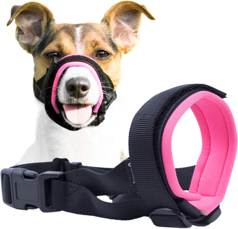 Gentle Muzzle Guard for Dogs (L, Pink) - Prevents Biting & Chewing Safely - Soft Neoprene Padding, Training Guide