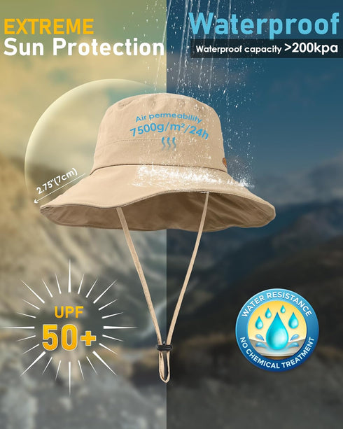 Waterproof Bucket Hats for Women Men - Foldable Brim UPF 50+ Floppy Cowboy Rain Hat for Hiking