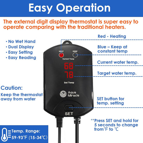 AquaMiracle 500W Aquarium Heater with Dry-Run Protection and LED Digital Display for Tanks 75-120 Gallons