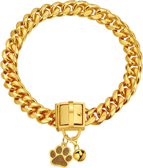 Dog Chain Collars - Gold Chain Dog Collar 14mm Cuban Link with Secure Snap Buckle, 18K Stainless Steel, Includes Dog