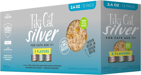 Tiki Cat Silver Variety Pack, Senior Wet Cat Food, Immune System Support, 2.4 oz Cans (Pack of 12)