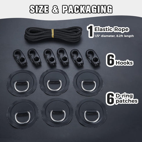 Yetaha 6 Pack Stainless Steel D Rings, PVC Patch, Bungee Cord with Hooks for Inflatable Boat