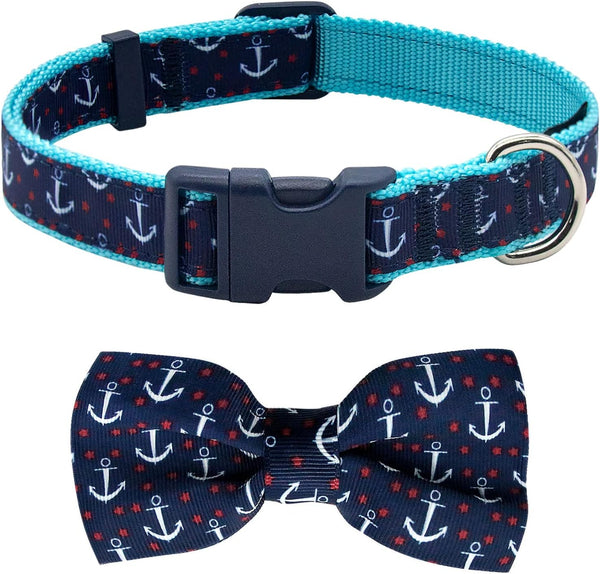 azuza Anchor Dog Collar with Bow Tie, Soft Comfortable Adjustable Collar for Medium Dogs