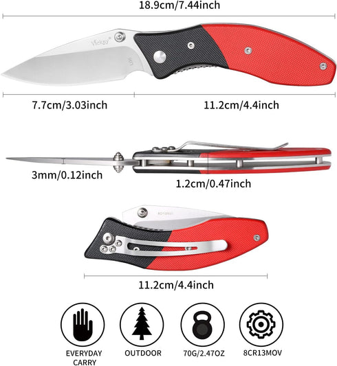 Folding Pocket Knife with 3" 8CR13MOV Blade, Black and Red G10 Handle, Safety Liner Lock for Outdoor Gear