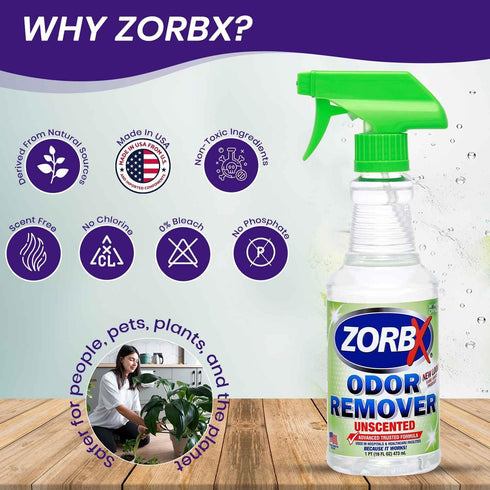ZORBX Unscented Odor Eliminator Spray for Strong Odor, 16 Oz - Advanced Trusted Formula