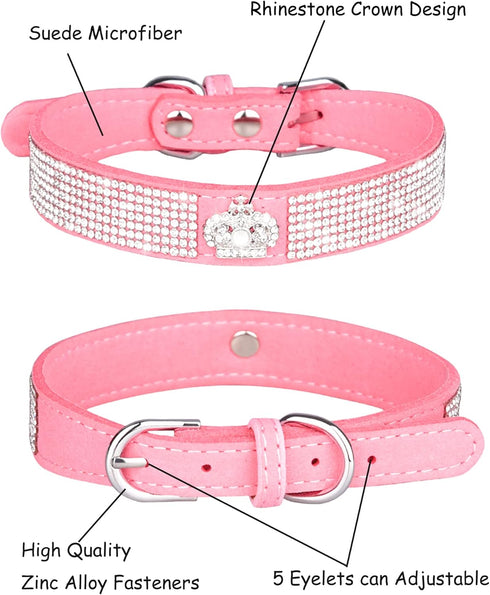 Bling Dog Collar for Small Medium Large Dogs, Adjustable Leather Suede, Crown Rhinestone, Pink, L (15"-18.1")