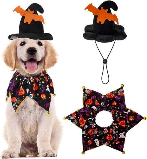 EXPAWLORER Dog Halloween Costumes - Collar with Bells and Wizard's Hat Set, Black