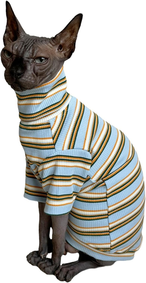 Turtle Neck Vintage Stripes T-Shirts for Sphynx Hairless Cat, Cotton Sleeveless Pet Clothes (Light Blue, S)