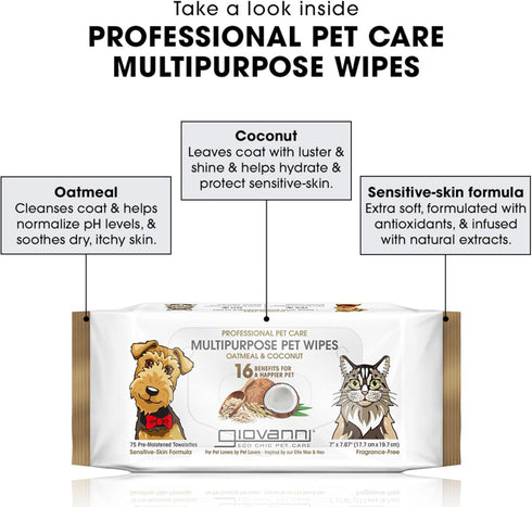 GIOVANNI Multipurpose Pet Wipes, Pack of 75 – Oatmeal & Coconut Helps Neutralizes Odors (Pack of 2)