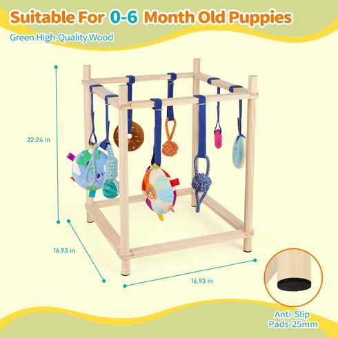 8 Wooden Puppy Play Gym for Small Dogs, Puppy Jungle Gym with Hanging Toys, Wood Frame Indoor Puppy Gym with Dog